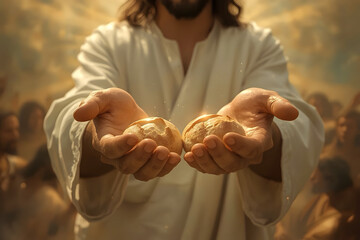 Jesus Christ holding a piece of bread in His hands, symbolizing the miracle of feeding the multitudes