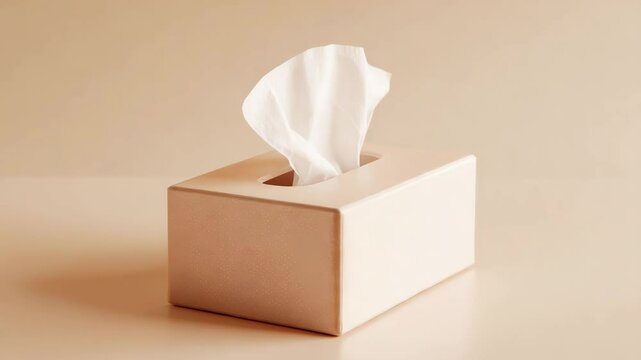 Blush toned single-use tissue box on a matte cream background with clear front focus,
