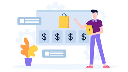 E-commerce manager optimizing pricing strategy flat vector illustration