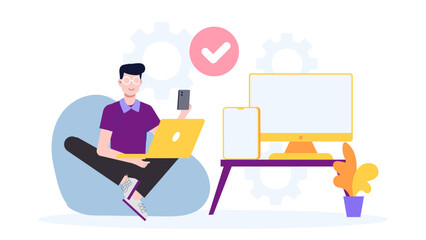 Remote worker syncing tasks across devices flat vector illustration