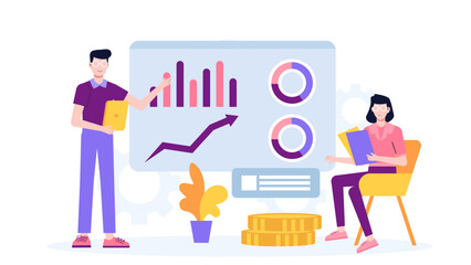 Startup pitching business model to investors flat vector illustration