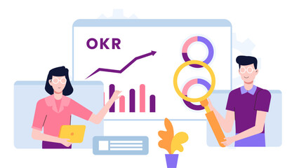 Remote team reviewing OKR dashboard progress flat vector illustration