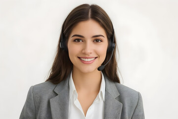 A friendly young woman wearing a headset, dressed in office attire, smiling warmly