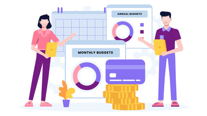 Finance team comparing monthly and annual budgets flat vector illustration