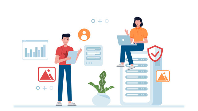 IT team auditing cloud infrastructure flat vector illustration