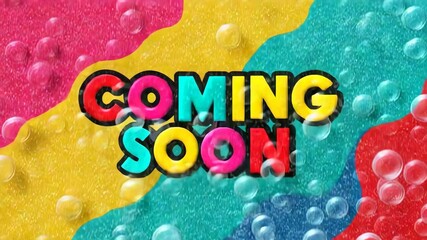 Bold and colorful "Coming Soon" text with abstract background shapes and glossy finish, suitable for promo banners