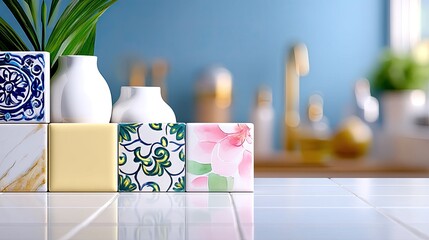 Mid Century Floral Tiles and White Pottery on Off White Counter