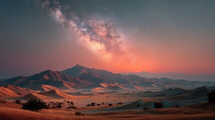 Milky Way over Desert Sand Dunes and Mountains