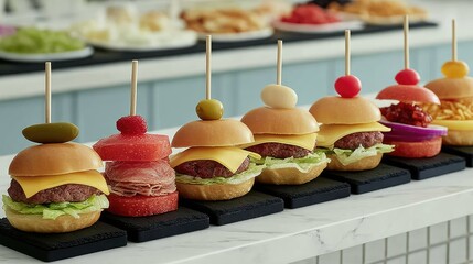 Mini Gourmet Sliders with Varied Toppings on Slate Serving Board