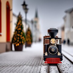 Miniature Black and Red Train on Snowy Winter Platform