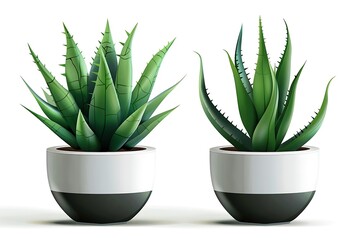 Fototapeta premium Two aloe vera plants in pots isolated on white background