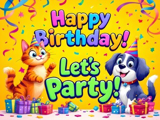 Fototapeta premium Cheerful Kids Birthday Party with Cartoon Cat and Dog Characters