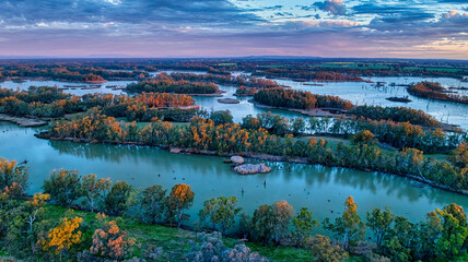 Sunset light on the wetlands and islands of Lake Mulwala