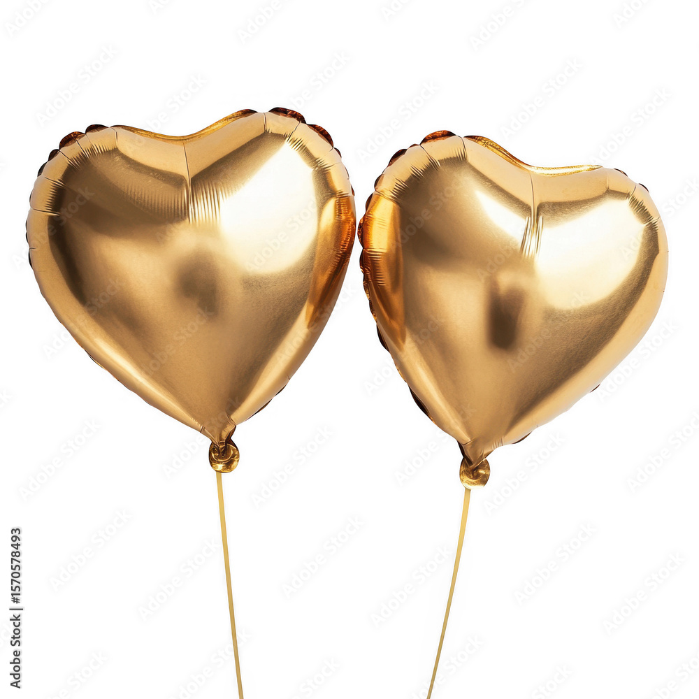Poster two shiny gold heart shaped balloons floating together on thin yellow strings isolated on transparen