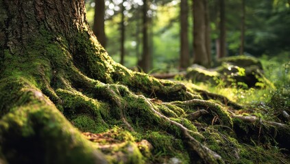 Obraz premium Mossy Roots In A Lush Forest, Light Dappling, Forest floor concept for nature ads