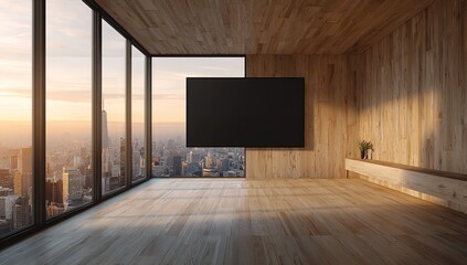 Urban serenity A modern wood paneled room overlooks a breathtaking city sunset from high rise with