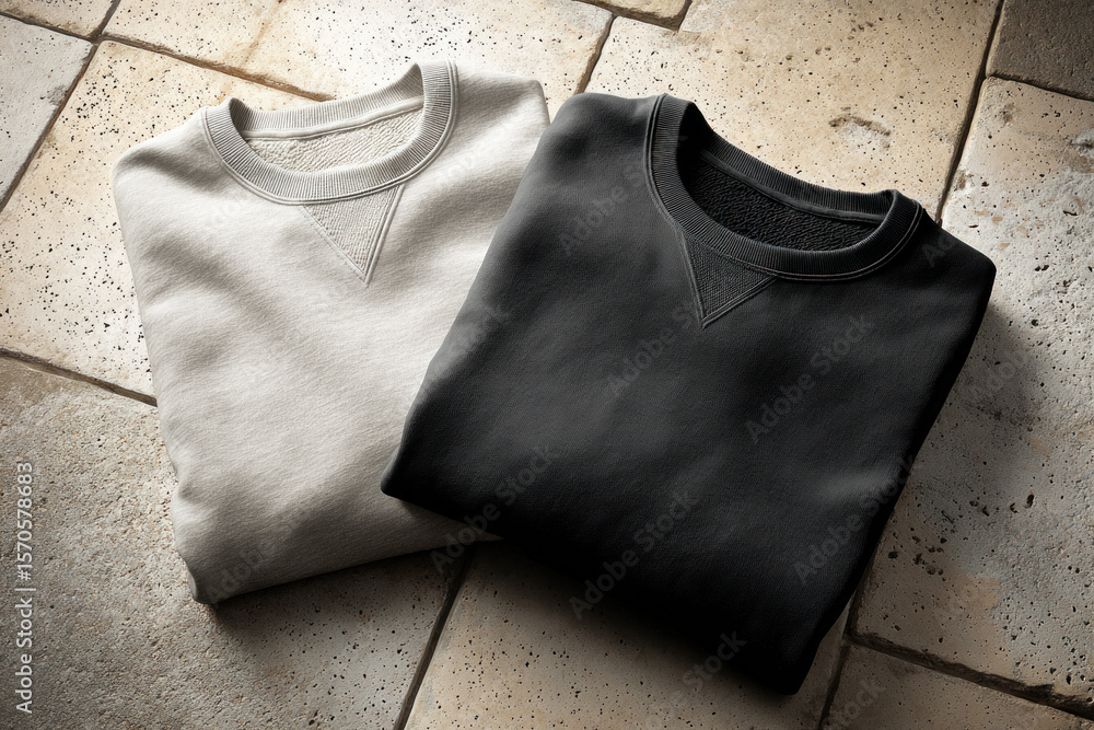 Poster two folded blank sweatshirts in gray and cream are displayed on a textured surface for design inspir
