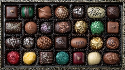 A large box filled with various chocolates showcases intricate designs and rich colors, perfect for gift-giving or personal enjoyment