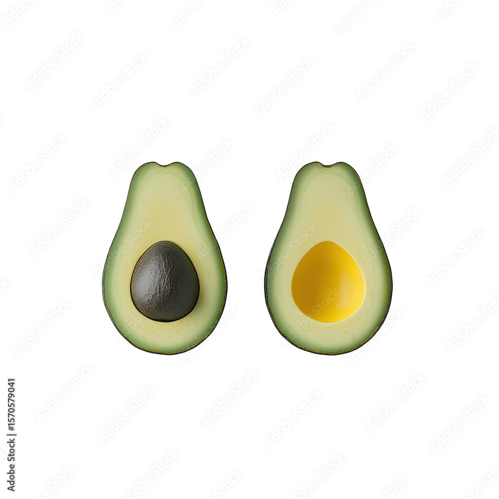Poster two halves of a ripe avocado one with a seed the other with a smooth yellow center isolated on trans