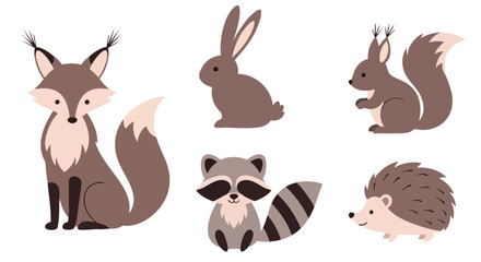Naklejka premium Cute Woodland Animals Flat Vector Illustration Set: Fox, Rabbit, Squirrel, Raccoon, Hedgehog