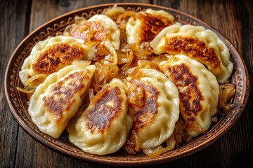 Close look at a plate of golden-brown dumplings topped with sautéed onions, showcasing a homemade culinary delight on a rustic surface