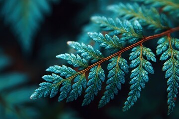 A vintage fern with delicate green fronds thrives in a peaceful forest, illuminated by soft, filtered sunlight