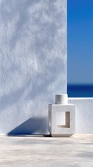 Minimalist White Stone Lantern Shadow on White Plaster Wall with Ocean View