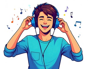 Relaxed cartoon person in comfy clothes, headphones on, immersed in favorite songs.