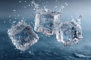 Three transparent ice cubes float mid-air, creating splashes and ripples as they interact with water, evoking a refreshing sensation