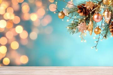 Blurred colorful lights and ornaments hang in a cheerful arrangement, enhancing a warm, festive holiday ambiance perfect for celebrations