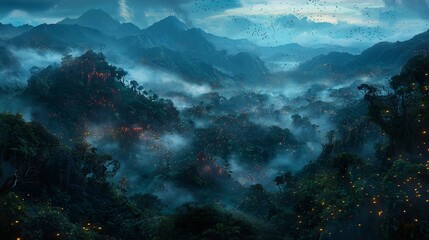 Obraz premium Mystical mountain landscape shrouded in mist, revealing ancient settlements