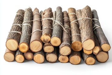 Cut Tree Logs Tied Together With String Rustic Wood Pile for Firewood Crafts on white background. Generative Ai