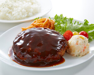 美味しそうに皿盛りされたハンバーグ