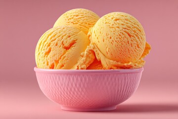 Three rounds of creamy orange ice cream sit in a pink bowl against a soft pastel background, creating a delightful dessert display