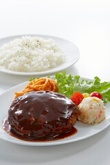 美味しそうに皿盛りされたハンバーグ