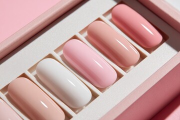Colorful pastel swatches showcase various shades of beige and pink nail polish arranged neatly in a soft pink tray