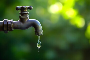 Water dripping from an old faucet, with a green background and ample space for text or design
