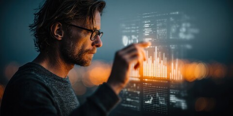 Close-up of a male professional analyzing digital data visualizations against a city backdrop during twilight, focused and engaged