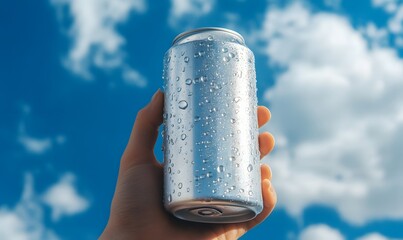 Close-up of a hand holding a silver can with water drops on a blue sky background, close-up view. Space for text