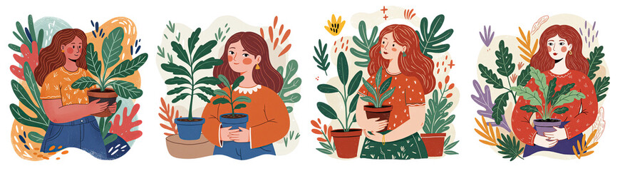 Women caring for plants in vibrant illustrations of greenery . set illustrations