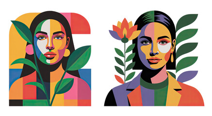 Colorful portraits of women with plants and flowers in modern style. set illustrations 