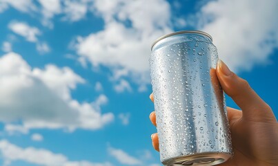 Close-up of a hand holding a silver can with water drops on a blue sky background, close-up view. Space for text