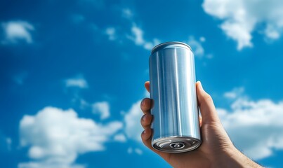 Close-up of a hand holding a silver can with water drops on a blue sky background, close-up view. Space for text