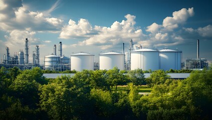 Modern white oil storage tanks in the background of an industrial plant, surrounded by green trees and a blue sky with clouds