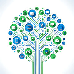 Technology Tree Concept with Circuit Connections and Digital Communication Icons"