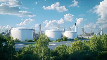 Modern white oil storage tanks in the background of an industrial plant, surrounded by green trees and a blue sky with clouds