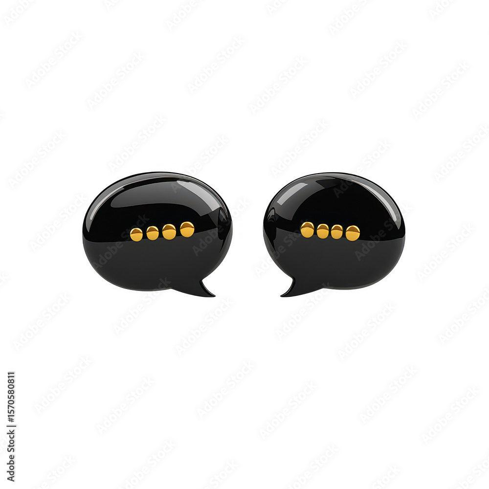 Poster two glossy black speech bubbles with golden dots representing typing or thinking indicators isolated