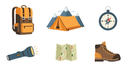 Outdoor Adventure Travel Gear Set: Backpack, Tent, Compass, Map, Flashlight, Hiking Boot Illustrations
