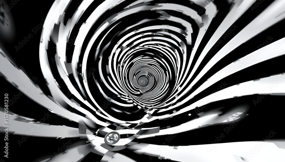 Poster abstract spiral design creating a mesmerizing monochrome tunnel with radial stripes and optical illu
