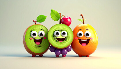 3D Render of Cute Kawaii Fruit Characters Smiling on Clean White Background

